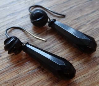 Antique Victorian Whitby Jet Carved Long Dangle Drop Silver Pierced Earrings N15