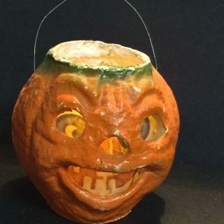 Vintage Halloween Paper Mache Pulp Scary Pumpkin Jack O Lantern W/insert 4 " 1940
