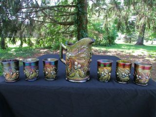 Northwood Acorn Burrs Antique Carnival Glass Complete 7 Pc.  Water Set Purple