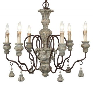 6 - Light Old European French Country Vintage Wood Chandelier With Droplets Tassel