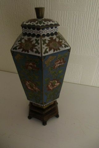 Attractive Small Chinese Cloisonne Pot Vase With Lid & Stand