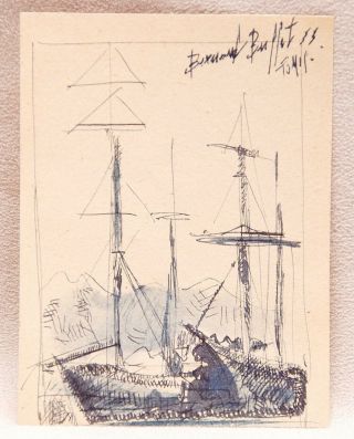 Bernard Buffett (attributed To) - Rare Pen & Ink Miniature " French Port " 