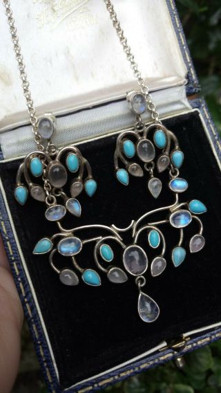 Vintage Art Nouveau Moonstone,  Turquoise & Solid Silver Necklace/earrings