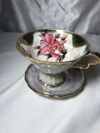 Japan Pink Floral Irredescent Footed Tea Cup & Saucer