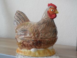 Vintage French Chicken On Nest Terrine Handpainted Majolica Sign.  Michel Caugant