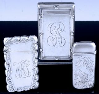 3 V.  Fine Antique Victorian Art Nouveau Sterling Silver Match Safes Vesta Cases