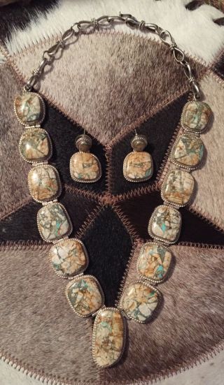 Vtg Hvy Lg Ooak Chris Tom Navajo Sterling Boulder Turquoise Necklace & Earrings