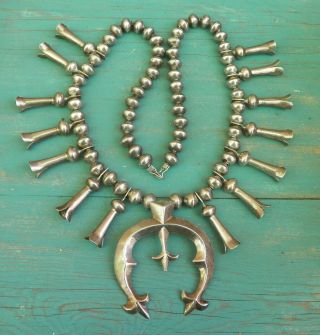 Heavy Vintage Unisex Native American Sterling Silver Squash Blossom Necklace