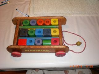 Vintage Wooden Playskool Colorol Pull Toy Wagon With Blocks