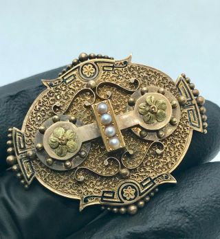 Antique Victorian Taille D’epargne Black Enamel 10k Rose Gold Seed Pearl Brooch