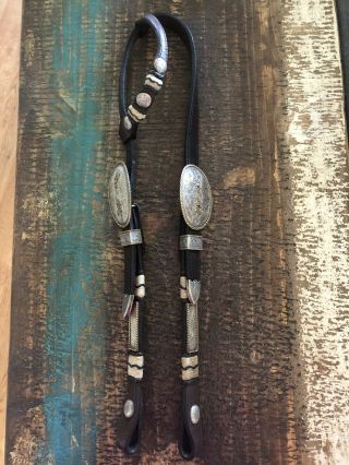 Vintage Sterling Silver King Show Headstall W/ Braided Rawhide & Red Stones