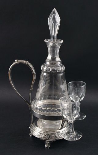Antique Aesthetic Wilcox Silverplate Cut Glass Heron Liquor Decanter Cordial Set