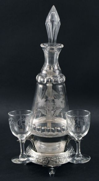 Antique Aesthetic Wilcox Silverplate Cut Glass Heron Liquor Decanter Cordial Set 2