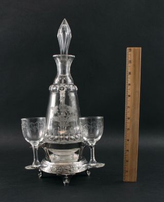 Antique Aesthetic Wilcox Silverplate Cut Glass Heron Liquor Decanter Cordial Set 3