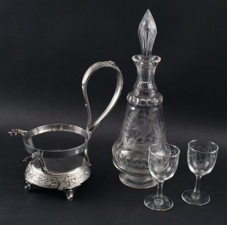 Antique Aesthetic Wilcox Silverplate Cut Glass Heron Liquor Decanter Cordial Set 5