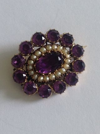 Delightfinest Victorian 9ct Gold Amethyst & Seed Pearl Set Oval Lace Brooch