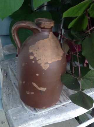 Primitive Jug Crock Brown Glaze Redware Stoneware Finger Loop Bootleg Pottery