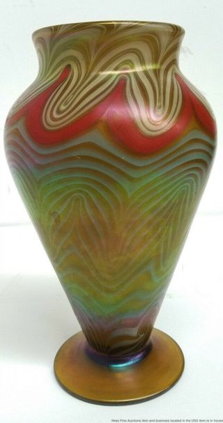 Vintage Quezal Iridescent Art Glass Pulled Feather Vase Aurene Antique
