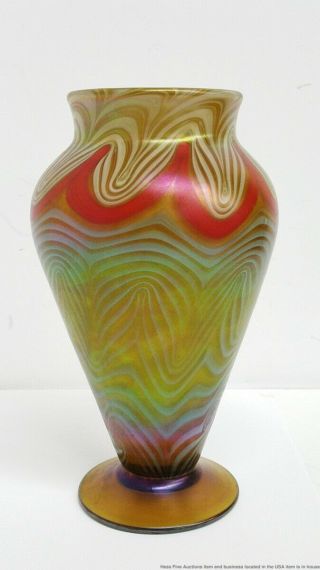 Vintage Quezal Iridescent Art Glass Pulled Feather Vase Aurene Antique 2
