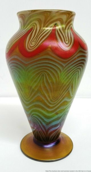 Vintage Quezal Iridescent Art Glass Pulled Feather Vase Aurene Antique 3