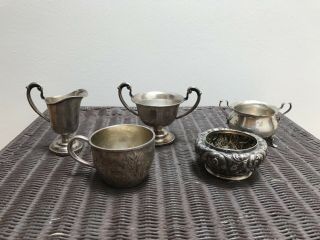 Antique Assortment Sterling Silver 2 Open Sugars,  Cup,  Creamer And Vanity Box