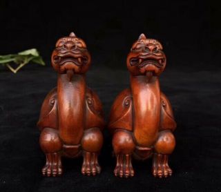 Collectable Old Boxwood Handwork Carve Exorcism One Pair Dragon Tortoise Statue