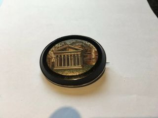 Antique Italian Victorian Pantheon Micro Mosaic Brooch On Onyx & Silver Clasp