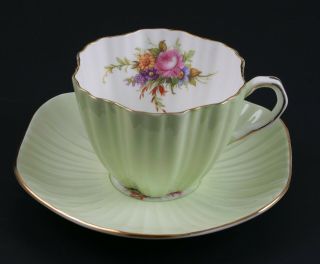 Eb Foley 1850 Bone China England Floral Handpainted Green Teacup & Saucer