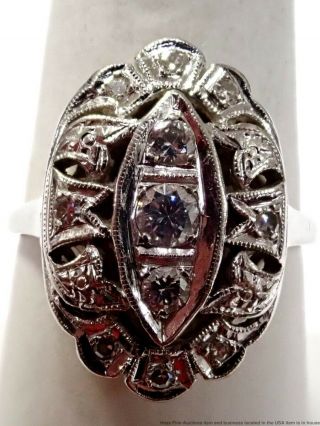 Art Deco Vintage 14k White Gold Fine 0.  30tcw Diamond Fancy Carved Ladies Ring
