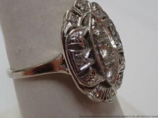 Art Deco Vintage 14k White Gold Fine 0.  30tcw Diamond Fancy Carved Ladies Ring 4