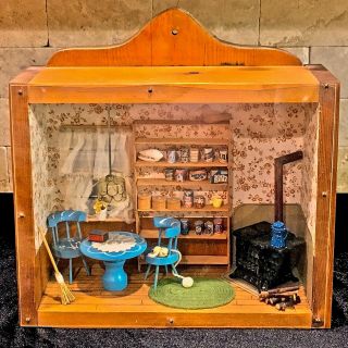 Old Folk Art Diorama Primitive Kitchen Wooden Box Great Detail Attention Colorfu