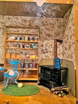 Old Folk Art Diorama Primitive Kitchen Wooden Box Great Detail Attention Colorfu 3