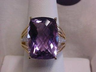 Estate Large Cushion Cut Purple Amethyst & Pave Set Diamond Ring 10k Yg Sz8