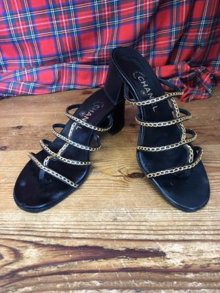 Vintage 90 Chanel Black Leather Gold Chain Block Open Toe Heel Sandals Us 7.  5