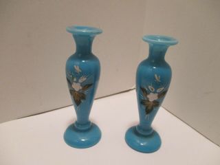 Pr Bristol Glass Vase Blue Glass White Enamel Painted Flower Vases 4 1/8 In Tall