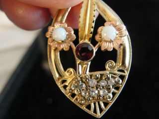 Antique Art Nouveau 10k Gold,  Diamond,  Ruby And Opals Floral Pendant Necklace
