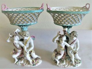 Pair Antique Meissen Porcelain Figural Pedestal Baskets For Restoration.