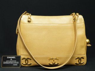 Chanel Cc Chain Tan Caviar Leather Tote Shoulder Hand Bag $4500 Auth.  Vintage