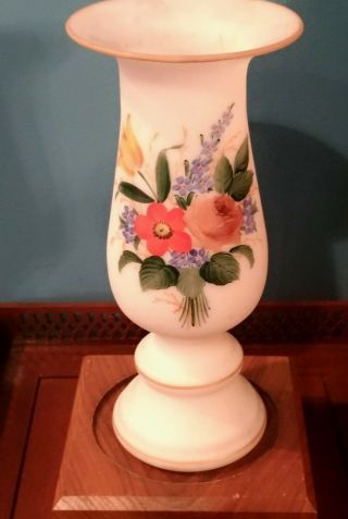 Antique Satin Glass Vase Hand Painted Flower Bouquet 19th Century Bohemia