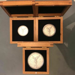 2018 Antiqued Mexico 3 Coin Set (1,  2 & 5 Onzas) In Casa De Moneda Wooden Boxes