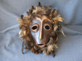 Vintage Alaskan Carved Wood And Feathers Mask