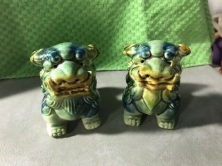 Vintage Chinese Blue Glazed Fu Foo Dog Lion Figurines Boho Eclectic