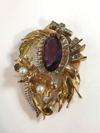 Rare Vintage Massive Gorgeous Deco R.  Derosa Rhinestone Flower Brooch Pin Clip