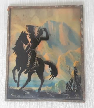 Vintage Reverse Painted Convex Glass Silhouette Picture Of Indian Chief On Horse