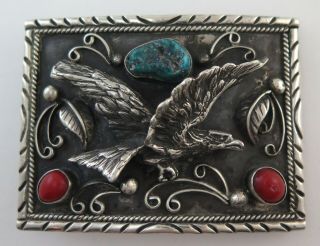 Heavy Vintage Sterling Silver Turquoise & Coral Relief Eagle Western Belt Buckle