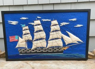 Vintage 1963 Clipper Sailing Ship Needlepoint Quilted American Folk Art Framed