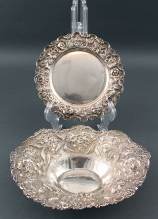 Antique Circa 1940s Stieff Sterling Silver Floral Repousse Bowl & Plate,  Nr