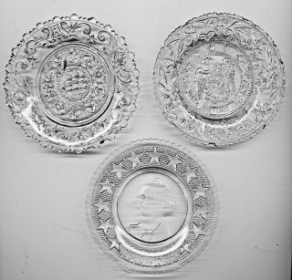 3 Patriotic Sandwich Lacy Glass Cup Plates,  Washington,  Eagle & Mayflower