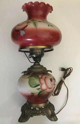 Gorgeous Huge Vintage Antique Red Parlor Harbor Hurricane Lamp Hand Paint Floral