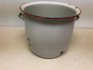 Vtg Enamel Chamber Pot Pail White with Red Rim Wooden Handle Porcelain Diaper 5